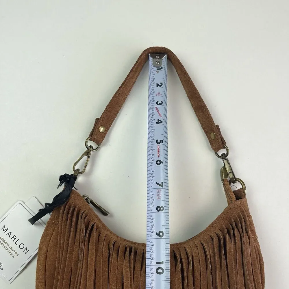 NWT Marlon Italy Suede Fringe Crescent Hobo Bag Brown Western Cowgirl Festival